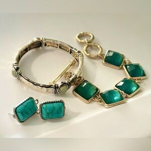 Boho Emerald & Turquoise Bracelets + Earrings: Bold Green & Gold x Silver Trio